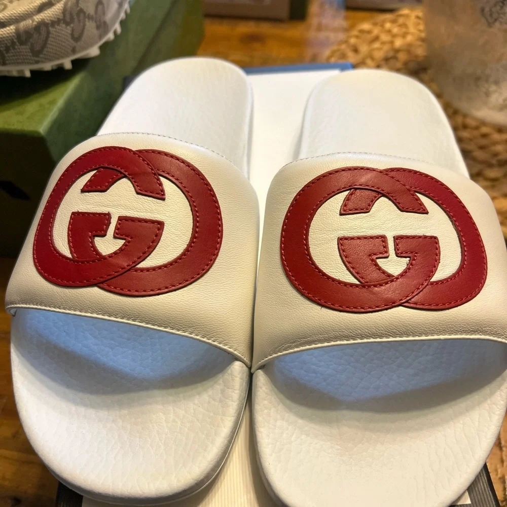 Gucci White Slides with Red Double G Patch - Picture 3 of 3